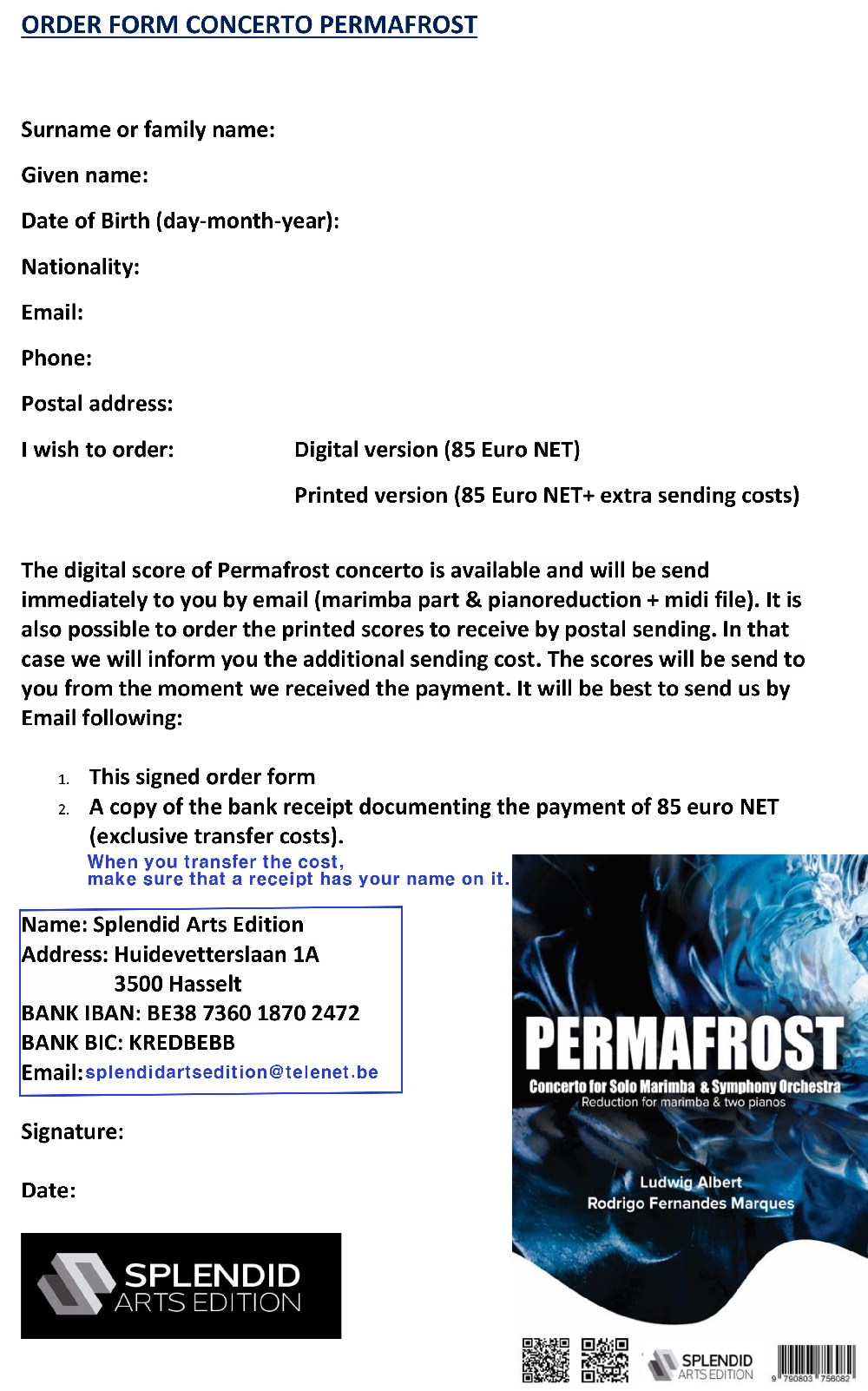 Order form Permafrost Concerto Jeju Competition Percussion 2022